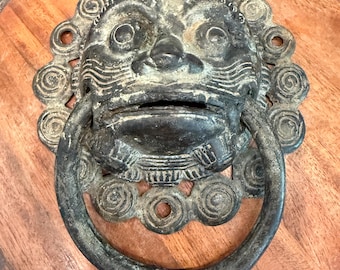 Vintage cast bronze foo dog lion door knocker - ornate high relief protector