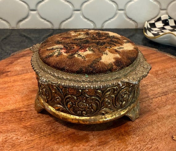Vintage tapestry trinket box - jewelry box - tri-footed