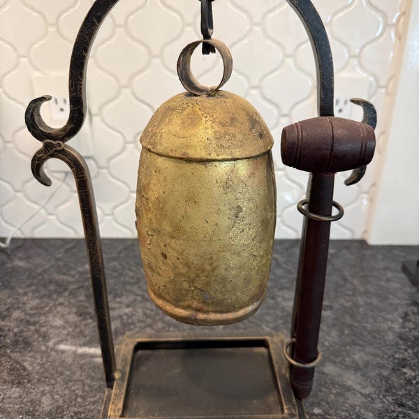 Vintage Antique style Asian hanging dinner bell or temple gong with wooden mallet