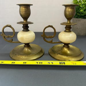 Pair of 19th Century Turkish Brass and Marble Antique Brass Candle Holders - Candlestick Holders