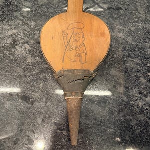 Vintage fireplace bellows - hand carved figure - wood leather and metal primitive cabin farmhouse decor