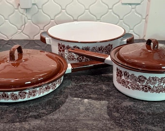 Vintage set of enamelware lidded stockpot and sauté pan or lidded sauce pot - chocolate blown floral design
