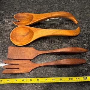 Vintage Handcarved Wooden wood utensils - set of 4 - forks spoons - salad serving utensil