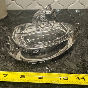 Vintage 2pc glass duck-shaped dish with a lid, Duncan & Miller 50-60’s MCM back in day used for cigarette storage