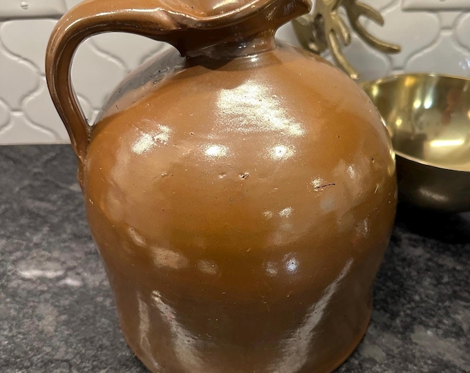 Antique/vintage Large Stoneware Salt Glazed Maple Syrup Jug with handle and pinched spout - Brown Beehive Pottery - hand crafted