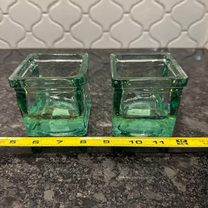 Pair of Recycle extra thick green glass votive candle holders made in Spain - set of two