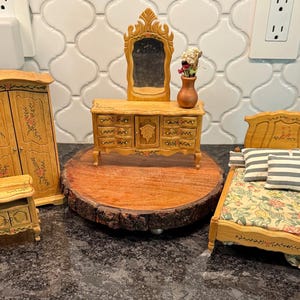 Vintage wood doll house bedroom set furniture - 5pc - wooden bed, triple dresser w/mirror, nightstand, armoire, floral vase - floral design