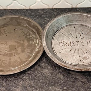 Vintage 1940’s Crusty Pie & Mrs Smith Mello-rich pie pans - perforated bottoms baking pie pans
