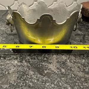 Vintage Lion Head Scalloped edged Bowl Planter pot - silver over brass - hand etched “India” and numbered. Door Knocker style Handle