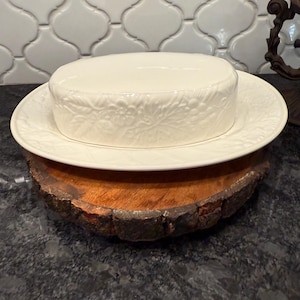 Vintage 2pc stoneware Mikasa English Countryside Covered Butter Dish, Embossed Fruit Flowers Basket Design, Farmhouse country cabin 1980