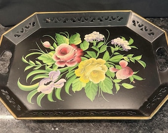 Vintage Pilgrim Art hand-decorated toleware tray, a collectible piece - floral motif -  reticulated (pierced) gallery rim - gold trim 18.25”