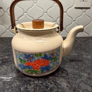 May include: Cream-colored enamel teapot with a wooden handle and lid. The teapot features a floral design with red and blue flowers on a patterned background. The spout is curved, and the handle is arched.