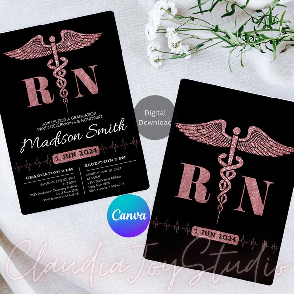 Black Rose Gold Nurse Graduation Invitation, Digital Invitation Template, Printable Rn Invitation, Instant Download, Licensed Nurse, Canva