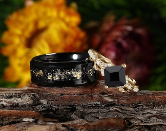 Sein Verlobungsring-Set, schwarze Onyx-Ringe für Paare, roségoldener Wolframring, Verlobungsring für Paare, handgefertigter Ring für Männer und Frauen