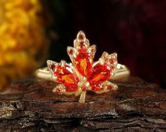 Orange Spessartite Garnet engagement ring, Spessartine Fanta stone ring, Rose gold ring, Nature inspired leaf ring, Unique alternative ring