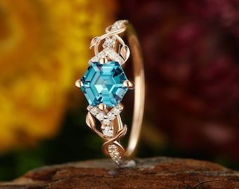 Hexagon cut Aquamarine engagement ring vintage rose gold wedding ring round cut moissanite diamond ring half eternity leaf split twist ring