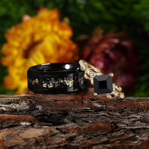 His Her engagement ring set, Black onyx Rings for Couples, rose gold Tungsten ring, Couples engagement ring, handmade Ring for men and women