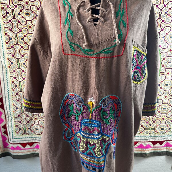 Brown Traditional, Handmade, Shamanic Medicine Shipio Shirt with Sacred Ikaros & Mother Ayahuasca