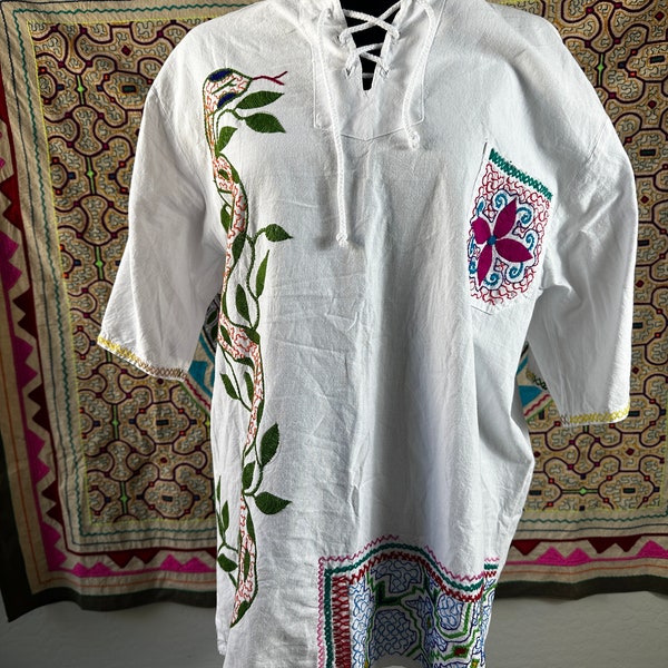 White Traditional, Handmade, Shipibo Medicine Shirt with Mother Ayahuasca and Ikaros