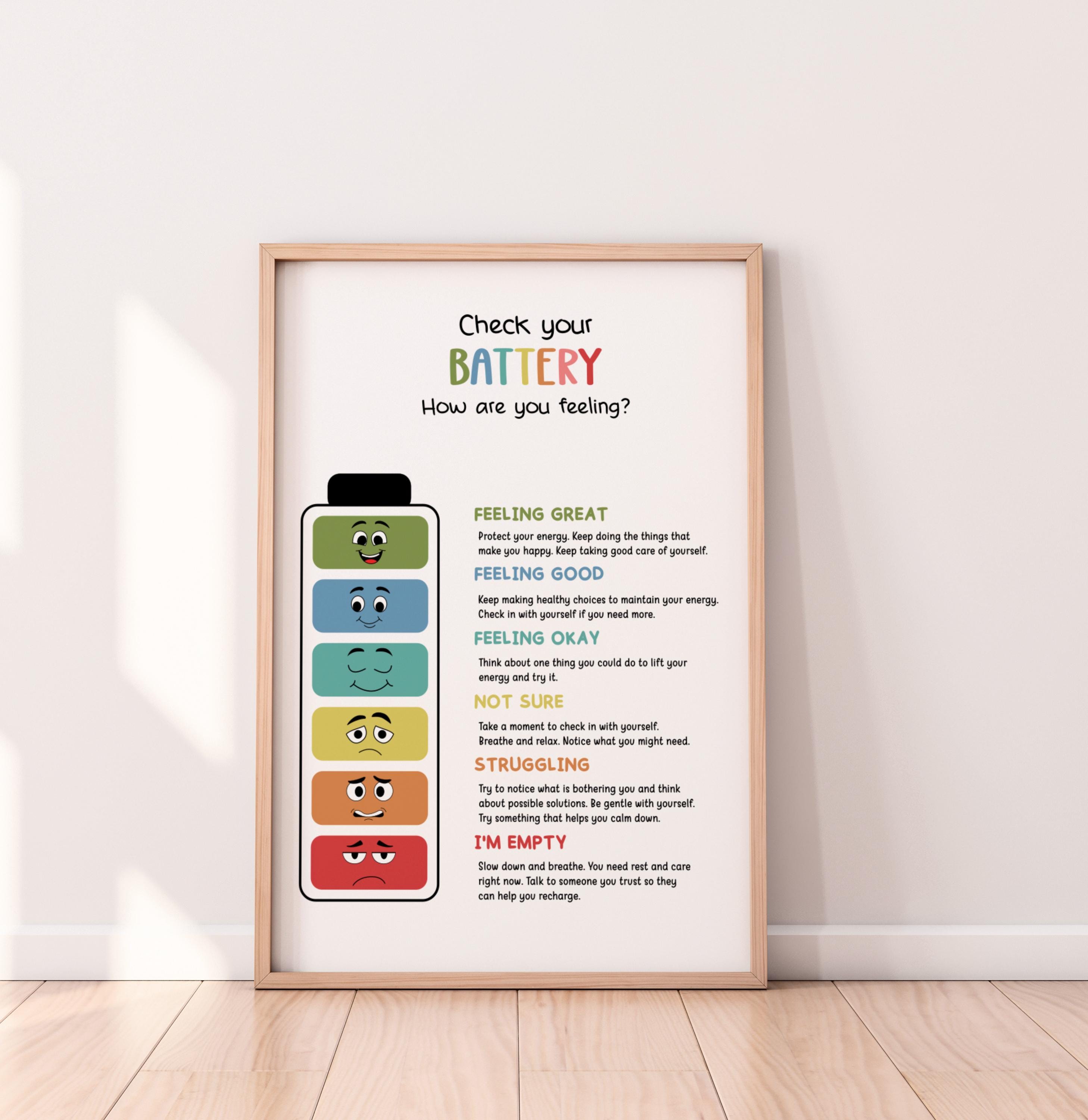 Mental Health Check Your Battery Poster: Self-care Chart, Feelings ...