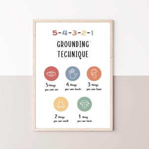 May include: A framed print with the text "5-4-3-2-1 GROUNDING TECHNIQUE". The print features colorful circles with illustrations of an eye, hand, ear, nose, and mouth, each representing a sense. The text below each illustration describes the number of things to focus on.