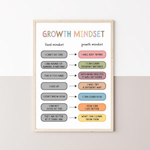 Op de afbeelding: Een ingelijste poster met de woorden "Growth Mindset" in kleurrijke letters. De poster contrasteert een vaste mindset met een groei mindset, met behulp van zinnen als "Ik kan dit niet" versus "Ik zal het blijven proberen."