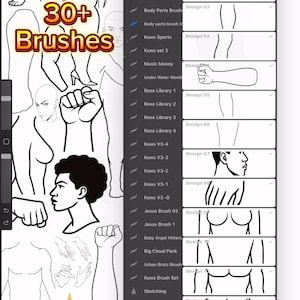 May include: A digital art app interface displaying a "Brush Library" with various design options. The screen shows a selection of brushes, including body parts, Kaws designs, and sketching tools. The text "30+ Brushes" is prominently displayed, along with the website address INKSTARZTATTOO.COM.