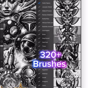 May include: Digital art showcasing tattoo brush designs with a space theme, including astronauts, planets, and alien figures. The image highlights "320+ Brushes" and the website INKSTARZTATTOO.COM. The artwork is displayed on a tablet screen.