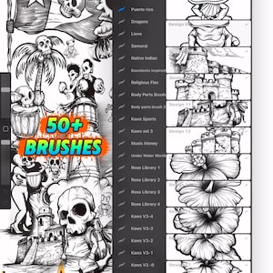 May include: Digital art brushes for Procreate, featuring a variety of designs. The image shows a selection of brush categories, including "Puerto Rico," "Dragons," and "Kaws Sports." The text "50+ BRUSHES" is displayed prominently, along with the website address INKSTARZTATTOO.COM.