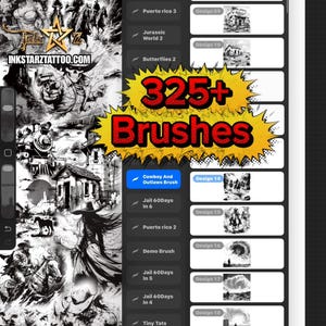 Könnte beinhalten: Eine digitale Kunstoberfläche zeigt eine Sammlung von Schwarz-Weiß-Illustrationen und Pinseln. Der Bildschirm zeigt den Text "INKSTARZTATTOO.COM" und "325+ Brushes" im Comic-Stil. Die Illustrationen umfassen Cowboys, Gefängnisszenen und andere Designs.