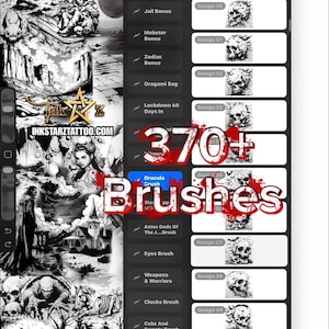 May include: A digital art app interface showcasing a library of brushes and designs. The screen displays a variety of tattoo-style illustrations, including skulls, gothic imagery, and the text "370+ Brushes". The website address inkstarztattoo.com is also visible.
