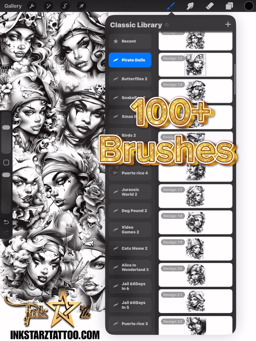 Pirate Girl Tattoo Procreate Brush Set – 100+ Flash Art Stamps (digital ...