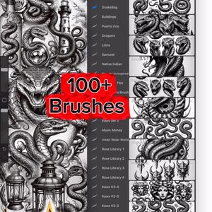 Snake Tattoo Flash Procreate-penselset: 100+ svarta och gråa mönster (digital nedladdning)