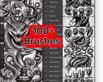 Snake Tattoo Flash Procreate Brush Set: 100+ Black & Grey Designs (Digital Download)