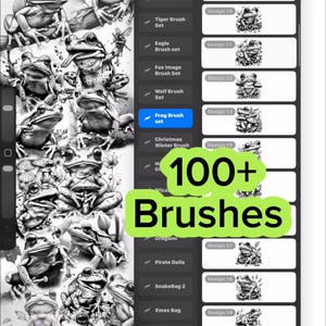 May include: Digital art software interface showcasing a collection of frog-themed brushes, with the text "100+ Brushes" in green. The interface includes a "Classic Library" menu and various design options, perfect for digital artists.