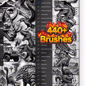 Puede incluir: Interfaz de software de arte digital que muestra una biblioteca de pinceles con ilustraciones de dinosaurios. La imagen presenta el texto "440+ Brushes" en una fuente ardiente y la dirección del sitio web "INKSTARZTATTOO.COM". La combinación de colores es blanco y negro.