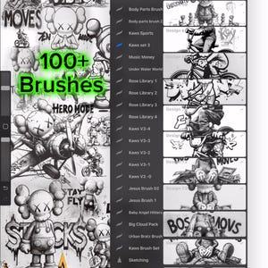 May include: A digital art interface showcasing a brush library with over 100 brushes. The screen displays various design elements, including cartoon figures and text. The website address inkstarztattoo.com is visible at the bottom.