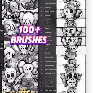 May include: Digital art brushes for Procreate. The image shows a digital art program interface with a brush library and various character designs. Text reads "100+ BRUSHES" and "INKSTARZTATTOO.COM".