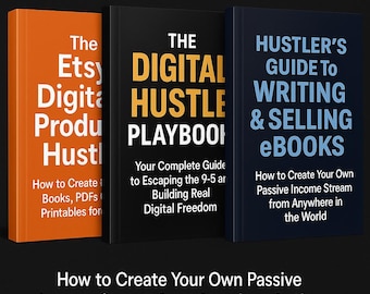 Könnte beinhalten: Bild von drei Büchern: "The Etsy Digital Hustle", "The Digital Hustle Playbook" und "Hustler's Guide to Writing & Selling eBooks". Die Bücher sind orange, schwarz und blau, mit weißem Text. Der Titel "The Ultimate Digital Hustle Bundle" steht oben.