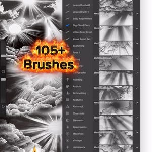 May include: A digital art interface displaying a brush library with over 105 brushes. The interface shows various brush categories, including sketching, calligraphy, and textures. The image features a fiery graphic with the text "105+ Brushes" and the website address "INKSTARZTATTOO.COM".