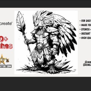 Puede incluir: Ilustración en blanco y negro de un guerrero con cabeza de águila, sosteniendo una lanza con plumas. La imagen incluye texto para pinceles Procreate, InkstarzTattoo.com y perfiles de redes sociales. Incluye creación digital, compatible con plantillas y descarga instantánea.