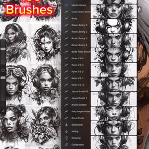 以下が含まれることがあります： タブレット画面に表示されたデジタルアートブラシ。画像には、さまざまなブラシカテゴリと各ブラシの効果のプレビューが表示された「ブラシライブラリ」が表示されています。「100 Brushes」というテキストが表示されており、大規模なコレクションを示唆しています。