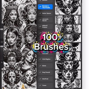Puede incluir: Ilustración digital en blanco y negro de diseños de tatuajes, incluyendo retratos y elementos decorativos. La imagen incluye el texto "100+ Brushes" y el sitio web "INKSTARZTATTOO.COM".