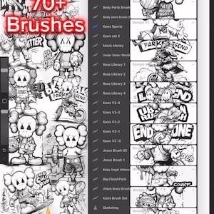 May include: Digital art brushes for Procreate, featuring a variety of designs and styles. The image displays a digital art program interface with a brush library and a selection of illustrations. The text reads "70+ Brushes".