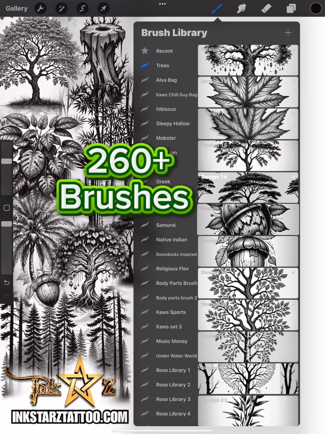 Procreate Brushes – Tree Forest Tattoo Flash Pack | Roots Stumps ...