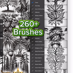 May include: Digital art brushes for Procreate, featuring a variety of tree and plant designs. The image displays a brush library with the text "260+ Brushes" and the website "INKSTARZTATTOO.COM". The brushes are in black and white.