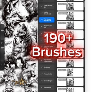 May include: Digital art app interface showcasing a collection of brushes. The main image features a collage of detailed black and white fox illustrations. The interface displays a "Classic Library" with various brush sets, including "Fox Image Brush Set" and "190+ Brushes".