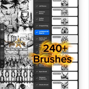 Puede incluir: Interfaz de aplicación de arte digital con un tema en blanco y negro. La pantalla muestra una galería de diseños de tatuajes, incluyendo caras, cadenas y escenas de prisión. El texto "240+ Brushes" se muestra, junto con la dirección del sitio web inkstarztattoo.com.