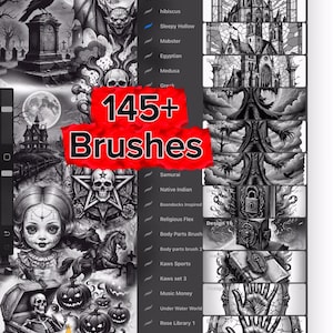 May include: Digital art brushes for Procreate, featuring a variety of gothic, horror, and tattoo-inspired designs. The image displays a digital art program with a brush library and the text "145+ Brushes".