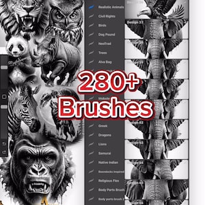 May include: Digital art brushes for Procreate, featuring a variety of animal designs, including lions, elephants, and wolves. The image displays a brush library with the text "280+ Brushes" and the website "INKSTARZTATTOO.COM".